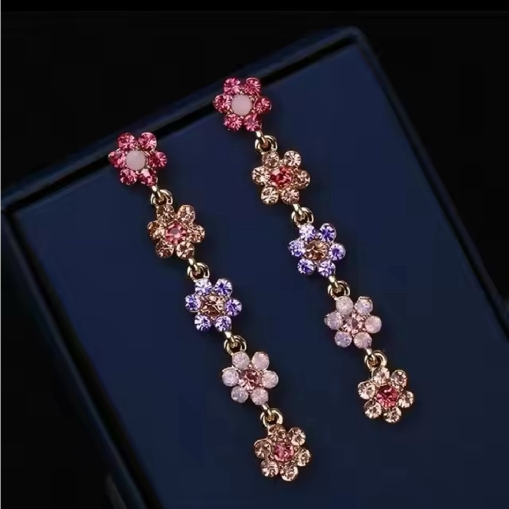 14K Gold Flower Chain Drop Earrings With Natural Zircon In Pinks & Purples